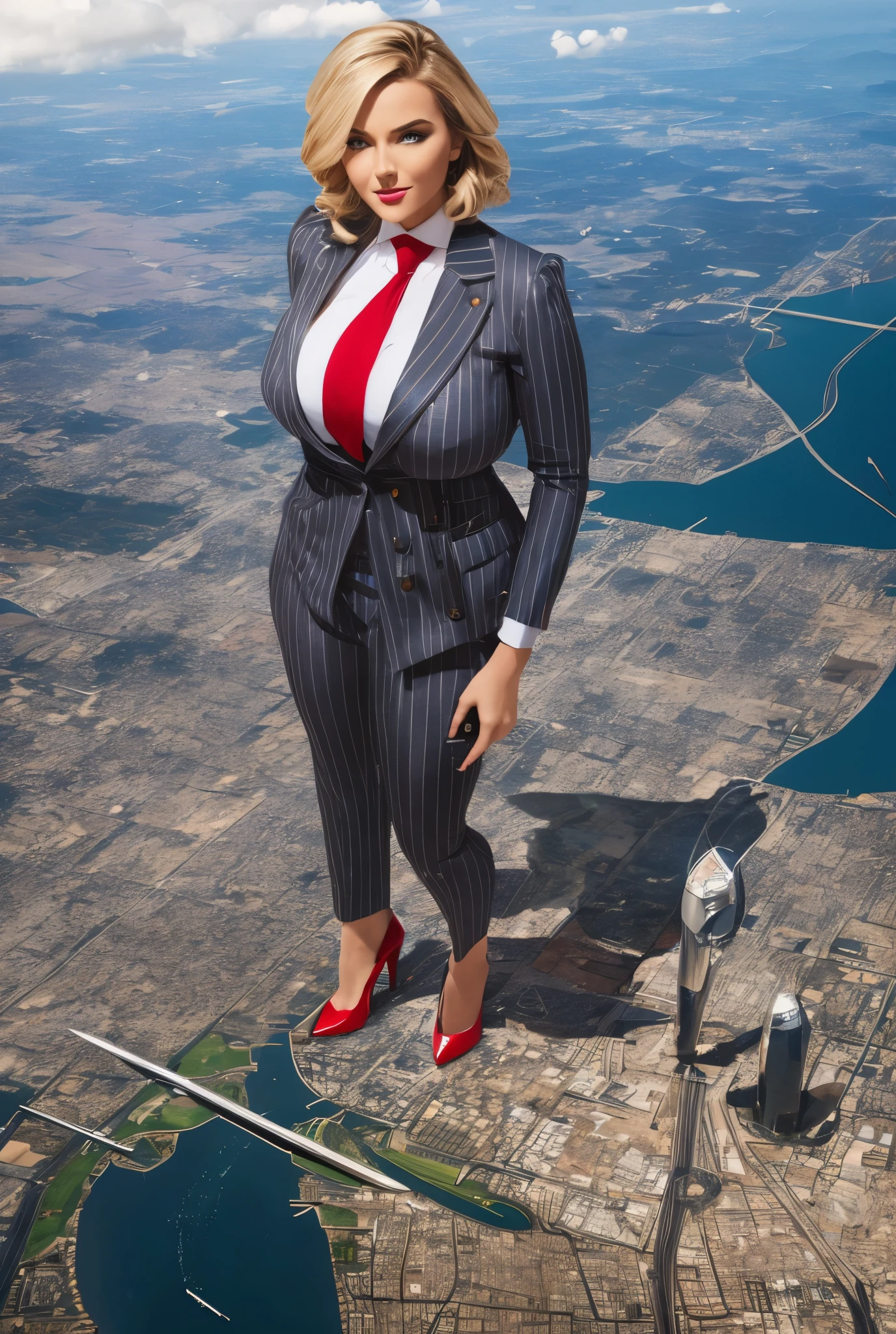 Young woman, giantess art, giga giantess in distance walking on through city, women with beautiful curves, massive thighs, blonde hair, lipstick, wearing a perfect  grey pinstripe trouser suit and blazer, crisp white shirt, and a large blade width Windsor knot red tie, with massive breasts. She is wearing platform high heels and standing on a miniature city, with skyscrapers at her feet, smiling with her huge breasts. This image is highly detailed, photorealistic, best quality, a masterpiece, with cinematic lighting, ultra-detailed, featuring black patent Louboutin pumps, low altitude photography, satellite view, a curvy figure, heaving bosom, legs, a mega city, urban sprawl, small towns, destruction, buildings, roads, a cloudy, overcast, hazy atmosphere, and wispy clouds.