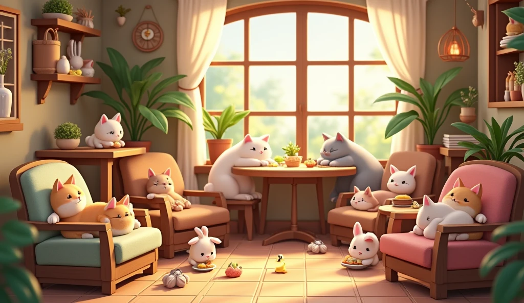 A cozy, inviting "Animal Café" scene, where various adorable animals relax and interact with each other in a charming, whimsical setting. The café is warmly lit with soft, golden lighting, featuring rustic wooden furniture, potted plants, and large windows letting in natural sunlight. (Café ambiance: 1.7). Cats lounge on cushioned chairs, a small dog naps under a table, while rabbits and birds mingle with the guests. The animals are surrounded by small, personalized spaces—plush beds, toys, and tiny dishes of treats. The atmosphere is lively yet serene, with animal patrons enjoying their own food and drinks alongside the café’s human visitors. Ultra detailed, 8K quality, focus on the playful interactions between the animals and the warm, cozy café setting, no distorted features.