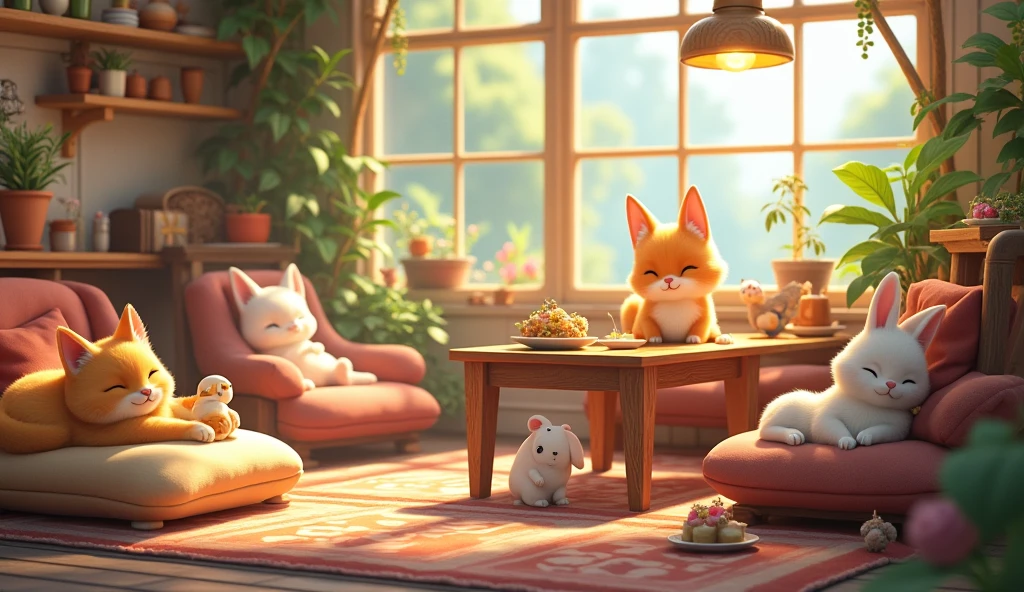 A cozy, inviting "Animal Café" scene, where various adorable animals relax and interact with each other in a charming, whimsical setting. The café is warmly lit with soft, golden lighting, featuring rustic wooden furniture, potted plants, and large windows letting in natural sunlight. (Café ambiance: 1.7). Cats lounge on cushioned chairs, a small dog naps under a table, while rabbits and birds mingle with the guests. The animals are surrounded by small, personalized spaces—plush beds, toys, and tiny dishes of treats. The atmosphere is lively yet serene, with animal patrons enjoying their own food and drinks alongside the café’s human visitors. Ultra detailed, 8K quality, focus on the playful interactions between the animals and the warm, cozy café setting, no distorted features.