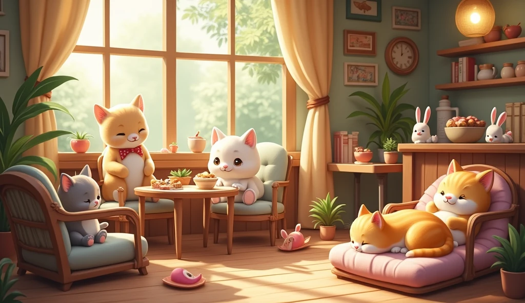 A cozy, inviting "Animal Café" scene, where various adorable animals relax and interact with each other in a charming, whimsical setting. The café is warmly lit with soft, golden lighting, featuring rustic wooden furniture, potted plants, and large windows letting in natural sunlight. (Café ambiance: 1.7). Cats lounge on cushioned chairs, a small dog naps under a table, while rabbits and birds mingle with the guests. The animals are surrounded by small, personalized spaces—plush beds, toys, and tiny dishes of treats. The atmosphere is lively yet serene, with animal patrons enjoying their own food and drinks alongside the café’s human visitors. Ultra detailed, 8K quality, focus on the playful interactions between the animals and the warm, cozy café setting, no distorted features.