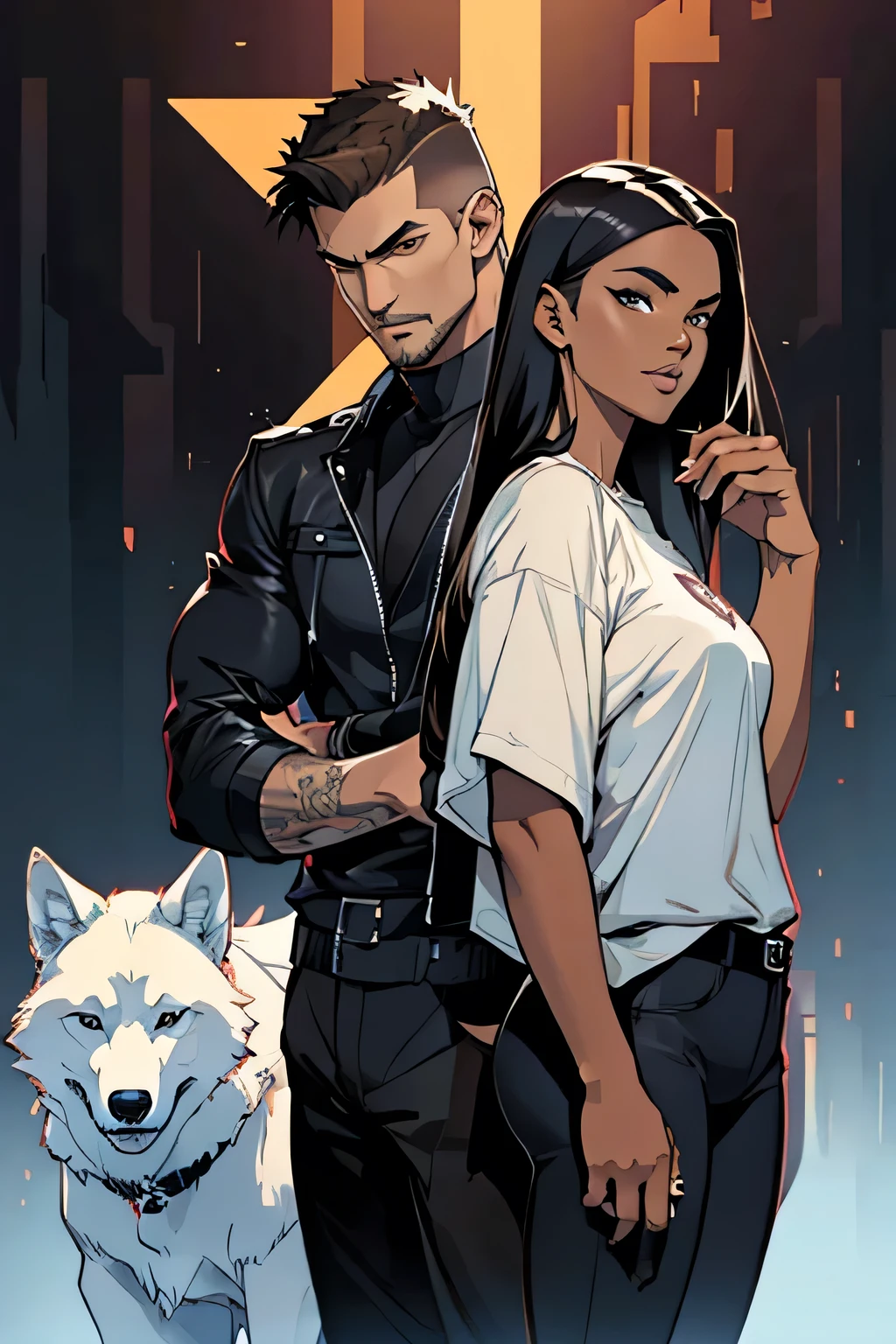 Cool couple posing with several wolves in the background , dark-haired man with light brown eyes and short spiky hair with letter ( n ) in the clothes ,  black woman with straight hair Chanel with letter ( b) in the clothes 