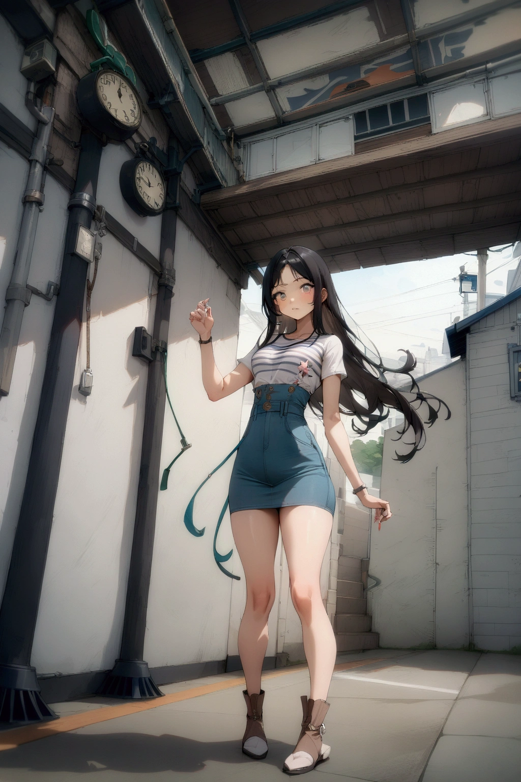 (((masterpiece, Highest quality:1.5,absurdres))),25 year old beauty,solo,((very small head:1.3)),long hair,bangs,(dark blue hair),dark blue eyes,gorgeous eyes,shy,tears,tongue、drooling,medium breasts,((very long body:1.3)),((toned body,slender body)),skinny,((tan skin:1.5)),gleaming skin,shiny skin,sweat,(incontinence,Urine dripping down thighs),(White tank top、Yellow pleated mini skirt),barefoot、arms up,standing,spread legs,on street,Back Alley、New York City、
