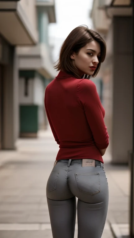 Super Skinny woman, asian 38 y.o. model. Whole body, full body, (rear view), buttocks, (tight dark gray jeans), (long wool sweater), (thick thighs, thigh gap), ass, (skinny thick hips),star eye, blush, perfect lighting, short messy hair, black eyes, realistic engine, epic realism, side lighting, (winter outdoor urban scenary), detailed face, hits, shiny skin, bottom, dark light. Ultra real style. Golden ratio