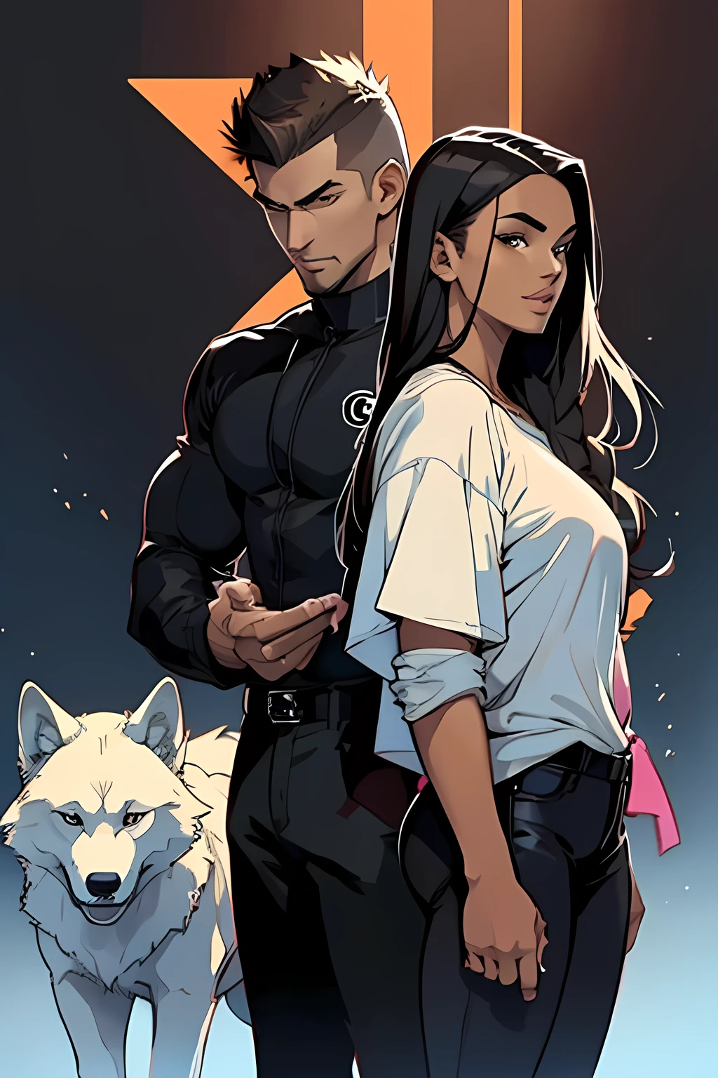 Cool couple posing with several wolves in the background , dark-haired man with light brown eyes and short spiky hair with letter ( n ) in the clothes ,  black woman with straight hair Chanel with letter ( b) in the clothes 