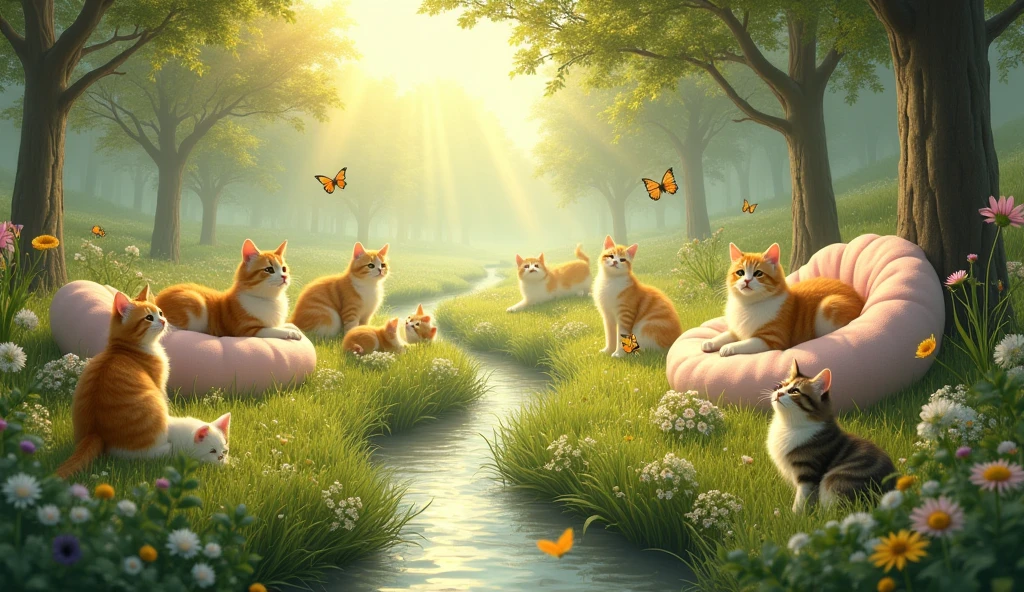 A dreamy, idyllic scene set in the "Paradise of Cats," where lush green meadows stretch under a warm, golden sky. The air is filled with a soft, magical glow as countless cats of all breeds lounge and play among the tall grass and colorful wildflowers. (Cats: 1.8). Some cats rest on fluffy, cloud-like cushions, while others chase butterflies or bat at dandelion seeds floating in the breeze. In the background, a sparkling, crystal-clear stream flows gently, with playful cats dipping their paws in the water. Towering trees offer shady spots, and soft beams of sunlight filter through the leaves, creating a peaceful, serene atmosphere. Ultra detailed, 8K quality, focus on the cats' joyful interactions and the soft, tranquil setting, no distorted elements.