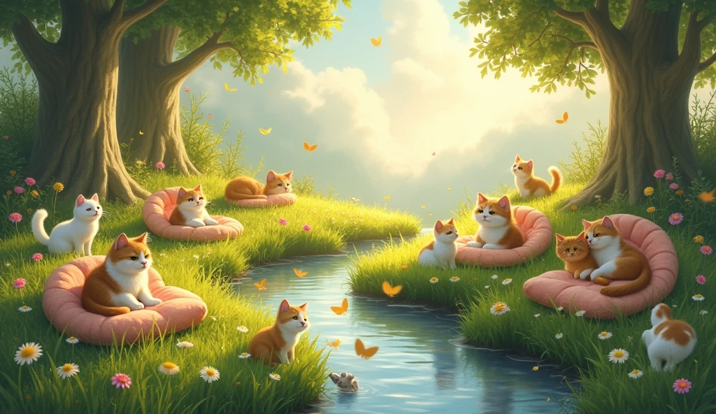 A dreamy, idyllic scene set in the "Paradise of Cats," where lush green meadows stretch under a warm, golden sky. The air is filled with a soft, magical glow as countless cats of all breeds lounge and play among the tall grass and colorful wildflowers. (Cats: 1.8). Some cats rest on fluffy, cloud-like cushions, while others chase butterflies or bat at dandelion seeds floating in the breeze. In the background, a sparkling, crystal-clear stream flows gently, with playful cats dipping their paws in the water. Towering trees offer shady spots, and soft beams of sunlight filter through the leaves, creating a peaceful, serene atmosphere. Ultra detailed, 8K quality, focus on the cats' joyful interactions and the soft, tranquil setting, no distorted elements.