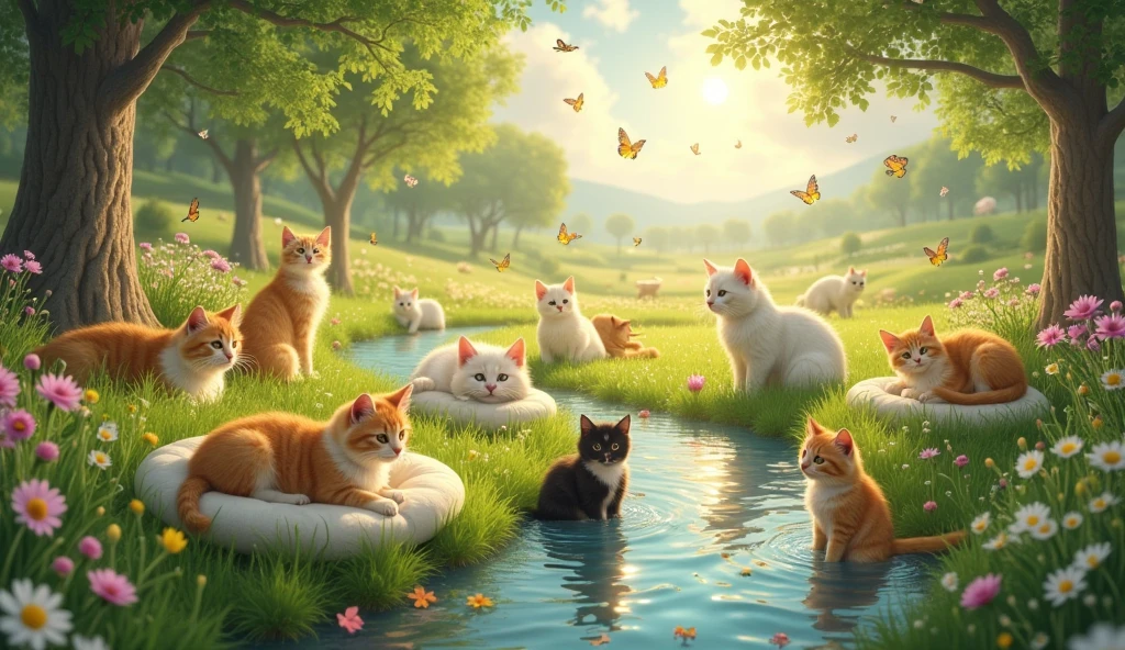 A dreamy, idyllic scene set in the "Paradise of Cats," where lush green meadows stretch under a warm, golden sky. The air is filled with a soft, magical glow as countless cats of all breeds lounge and play among the tall grass and colorful wildflowers. (Cats: 1.8). Some cats rest on fluffy, cloud-like cushions, while others chase butterflies or bat at dandelion seeds floating in the breeze. In the background, a sparkling, crystal-clear stream flows gently, with playful cats dipping their paws in the water. Towering trees offer shady spots, and soft beams of sunlight filter through the leaves, creating a peaceful, serene atmosphere. Ultra detailed, 8K quality, focus on the cats' joyful interactions and the soft, tranquil setting, no distorted elements.