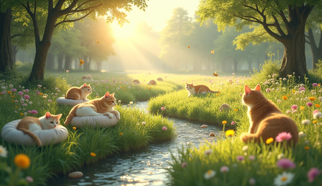 A dreamy, idyllic scene set in the "Paradise of Cats," where lush green meadows stretch under a warm, golden sky. The air is filled with a soft, magical glow as countless cats of all breeds lounge and play among the tall grass and colorful wildflowers. (Cats: 1.8). Some cats rest on fluffy, cloud-like cushions, while others chase butterflies or bat at dandelion seeds floating in the breeze. In the background, a sparkling, crystal-clear stream flows gently, with playful cats dipping their paws in the water. Towering trees offer shady spots, and soft beams of sunlight filter through the leaves, creating a peaceful, serene atmosphere. Ultra detailed, 8K quality, focus on the cats' joyful interactions and the soft, tranquil setting, no distorted elements.