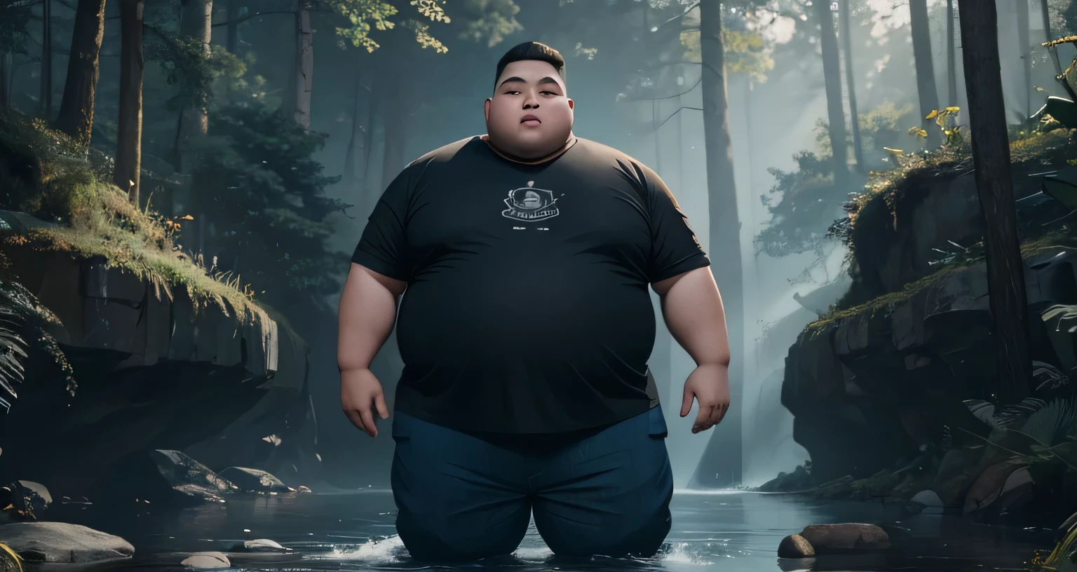 Hyperrealistic art <lora:curly_hair_slider_v1:1>,<lora:spotlight:1>,silhouette,spotlight,dark theme,<lora:weight_slider_v2:2>,a chubby guy with hazel eyes, sits on a boulder by a stream, day, forest, hairy body, hirsute,bara, cargo shorts, . Extremely high-resolution details, photographic, realism pushed to extreme, fine texture, incredibly lifelike
