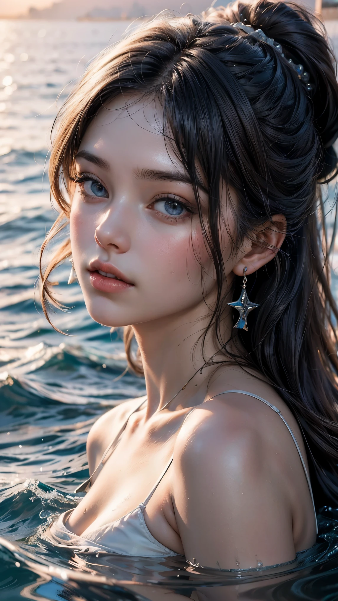 ultra high resolution,La high quality:1.4, photorealistic:1.4, sea texture: 1.4, masterpiece:1.8,masterpiece, high quality, 1 girl, ives&#39; girl, Beautiful lighting, (daylight: 1.2), (day: 1.5), "girl with long wavy brown thick hair, 20 years, , short stature, Blue eyes, white skin, big cute cheeks. voluminous hips. blue one-piece swimsuit. Taking a selfie with a cocktail. against the backdrop of the sea. close-up view"