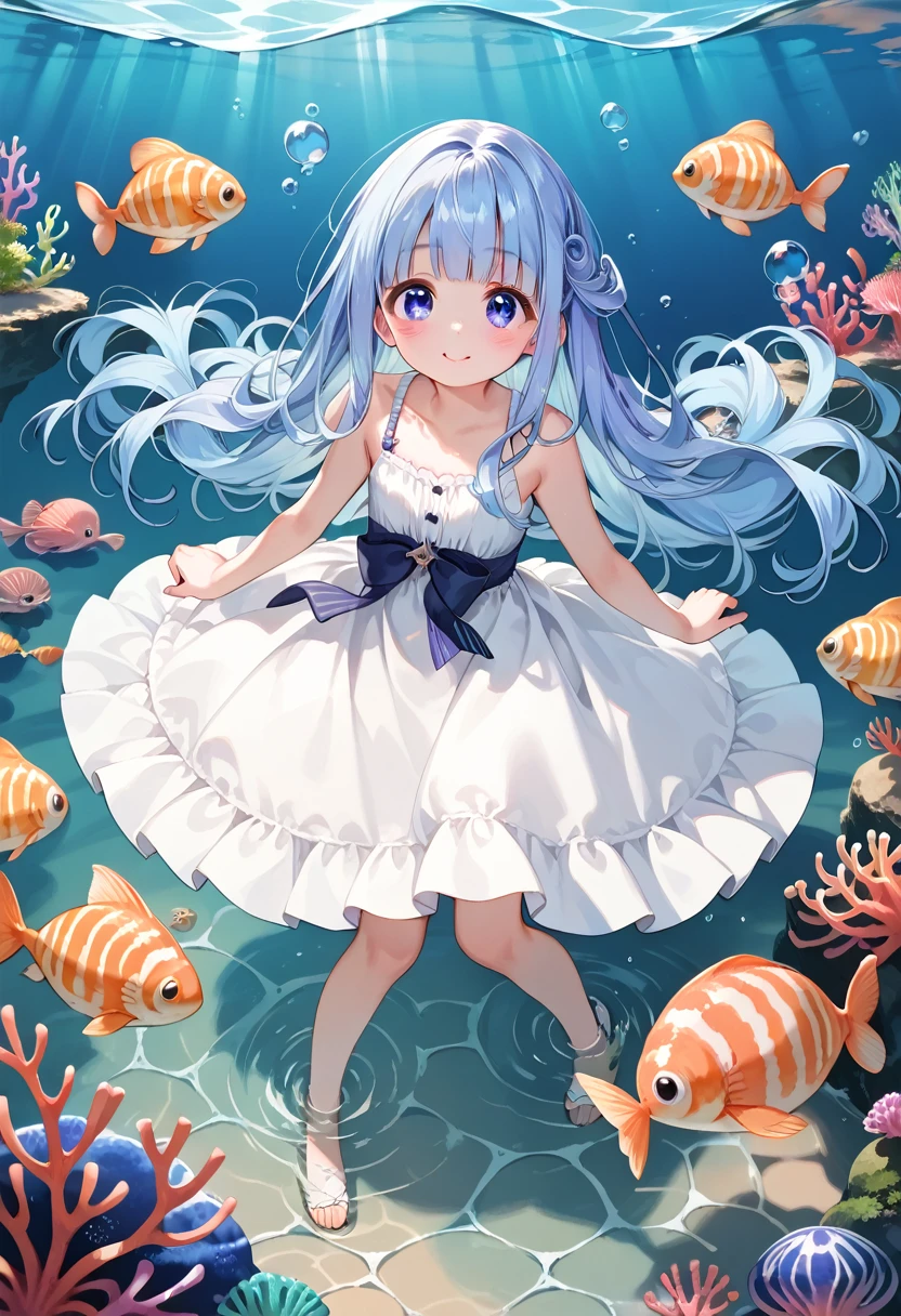 (illustration, official art:1.1), 1 girl ,((( light blue hair)))), , ((iridescent hair, half blue and half Purple hair: 1.2)),,((( light blue long hair )))),light blue hair, ,((blush)) , cute face, big eyes, masterpiece, best quality,(((((a very delicate and beautiful girl))))),Amazing,beautiful detailed eyes, blunt bangs((((little delicate girl)))),(((tareme))),droopy eyes.(true beautiful:1.2), sense of depth,dynamic angle,,,, affectionate smile, (true beautiful:1.2 ),,(tiny 1girl model:1.2),)(flat chest),(muste piece), (best quality), very detailed, 1 girl, perfect face, (solo full body shot:1.3), very detailed face，，(blue eyes:1.4), (in water:1.4), (white dress:1.5), Ocean, coral reef, School of small fish, light, bubble, jellyfish, Ocean algae, (Deep Ocean:1.4), fantasy, Ocean bottom, float