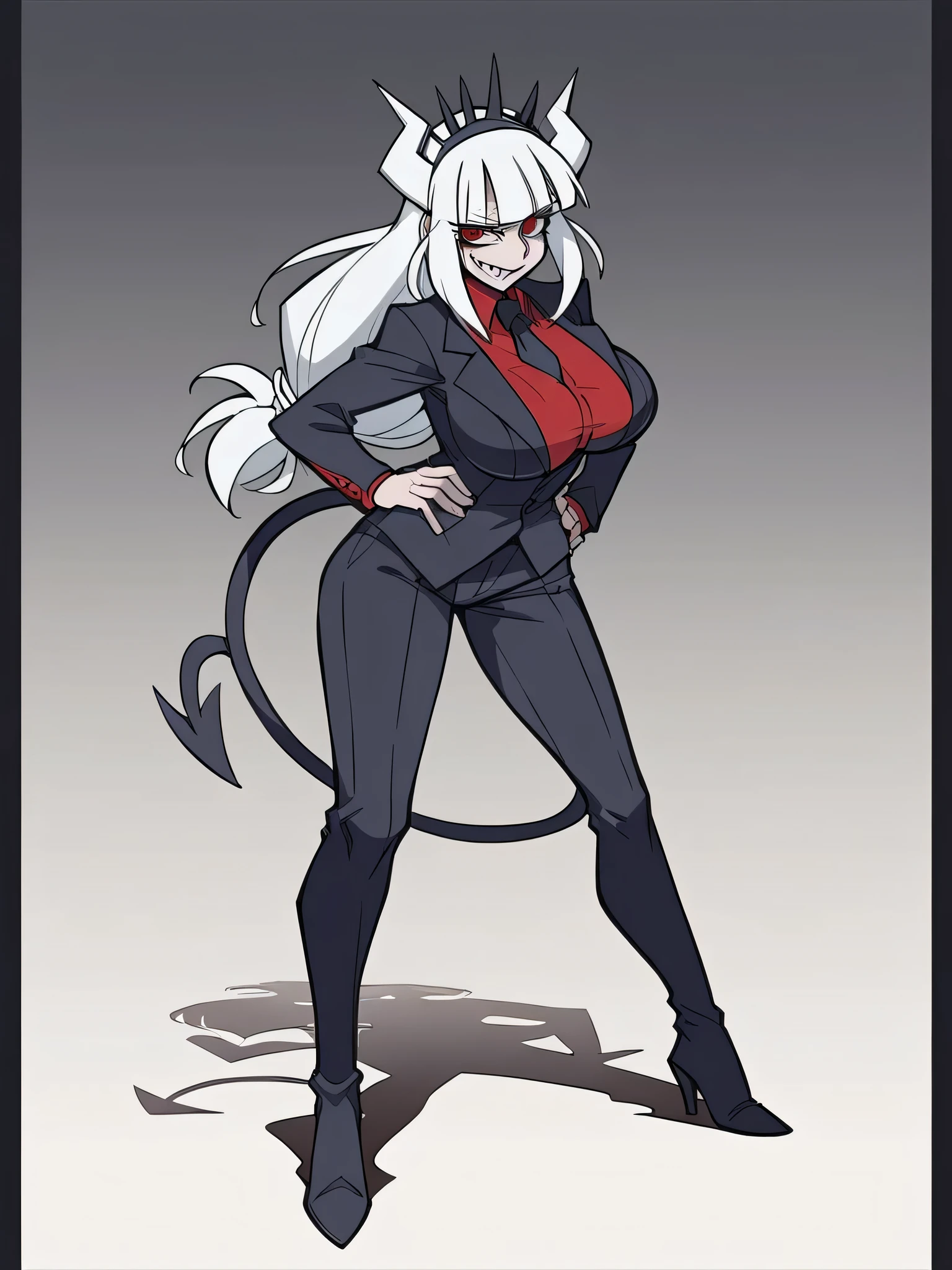 1girl, solo, black gloves, breasts, wide hips, blush, blushing, thick thighs, cross necklace, heart eyes, full body shot, horns on head, demon tail, black white and red outfit, red black and white background colors, white hair, tomboy, tall, hands on hips, short hair, smirk, dress shoes, red undershirt, suit vest, suit pants,