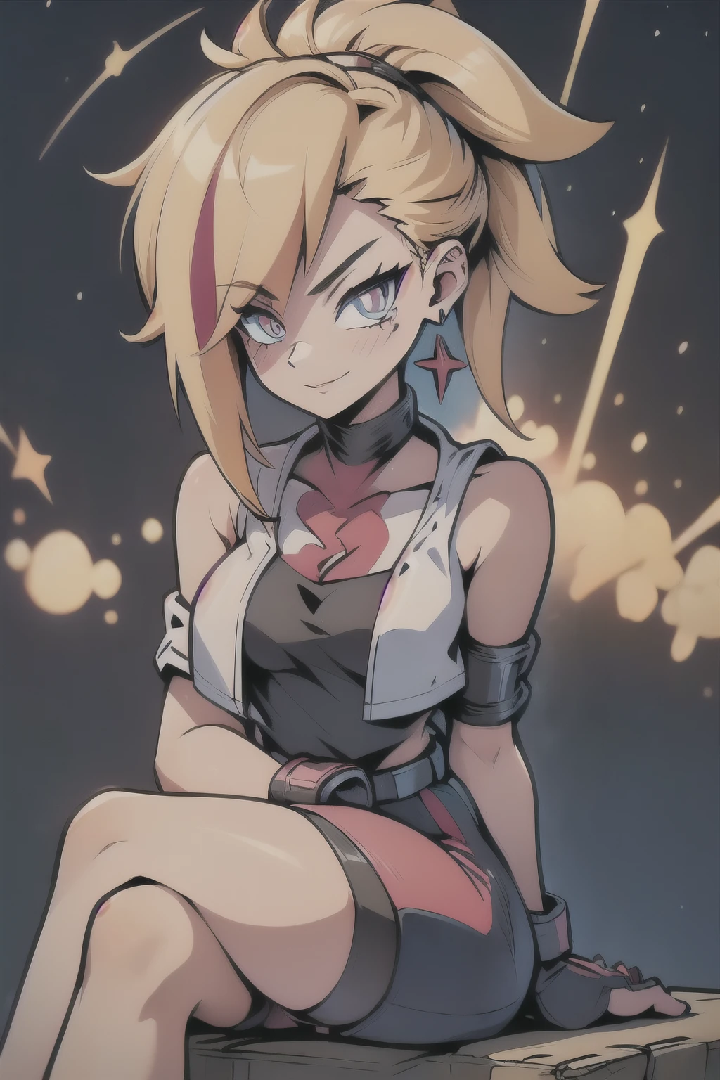 TogaHimiko_NDV, 1girl, yellow eyes, blonde hair, short hair, double bun, hair bun, messy hair, ,earrings, glossy lips ,team rocket uniform, red letter R, white skirt,white crop top,black thigh-high boots, black elbow gloves, evil smile, looking down on viewer, sitting down ,legs crossed, night sky background