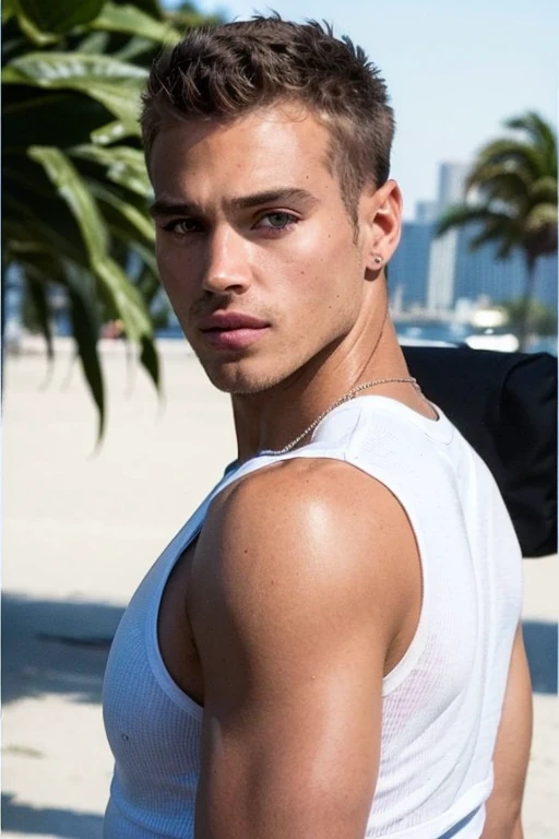 ((masterpiece)), ((best quality:1.2)), High Resolution, 8k, (ultra_realistic:1.3), (photorealistic:1.4), (instagram model, handsome:1.2), sharp focus, a photo of (matthewnoszkakm), she is wearing white tank top, miami florida, urban place, outdoors, buff arms behind head tattoos showing, dynamic pose, daytime, smooth facial expression, ((looking at viewer)), 