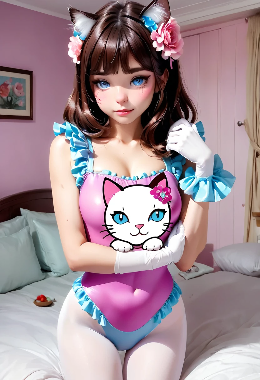 (fflixbom, white and pink cat facepaint) (1 man, 1 woman) (bob cut, brown hair, blue eyes) (hetero, couple) (crossdressing, fully clothed) (portrait) (women's clothes only) (women's beautifully feminine frilly sparkly skintight velvet floral print girly lavender adorable ballet leotards) (pink long silk gloves) (white tights) (tiaras, no shoes) (woman's bedroom, four-poster bed) (lying down, hugging, bending knee) (intimacy, playfulness, closeness)