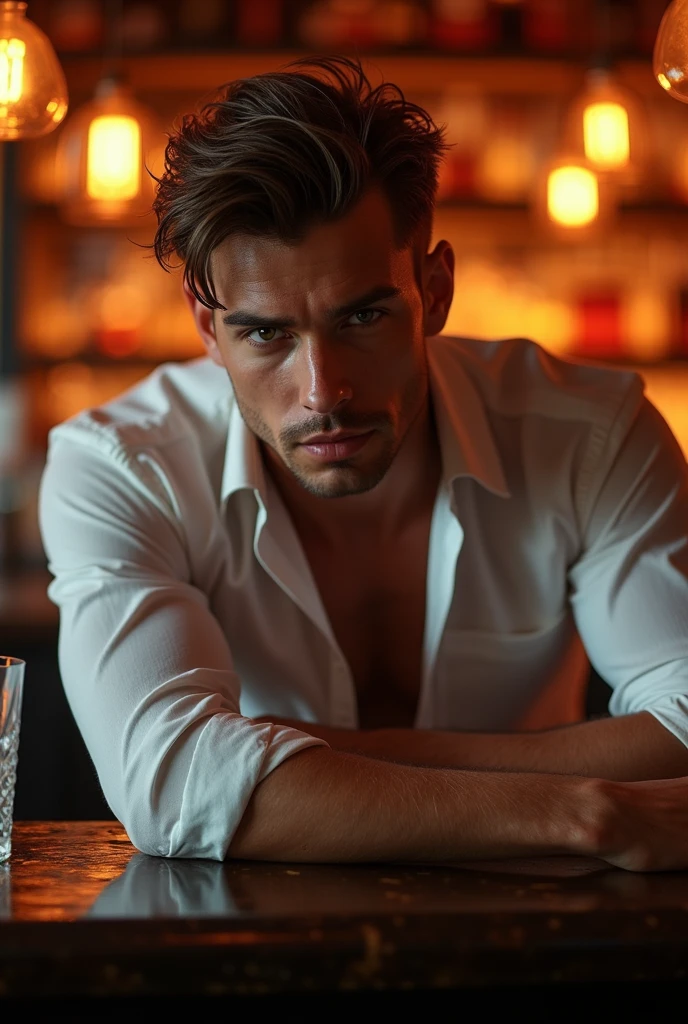 there is a man sitting at a bar with a glass of wine, handsome man, sitting alone at a bar, attractive man, epic and classy portrait, handsome male, portrait shot, in a bar, beautiful man, at a bar, sitting at a bar, by Adrian Zingg, drinking at the bar, sitting at the bar, cinematic shot epic portraits