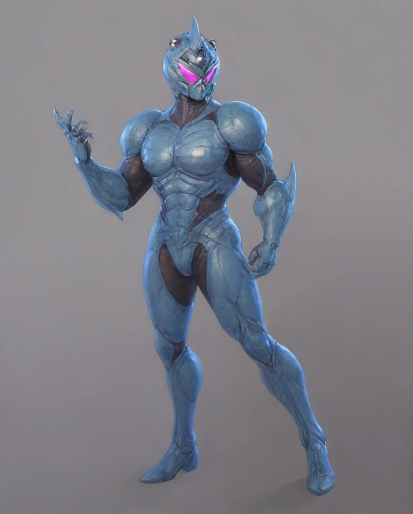 Body Structure: Ethan has a sleek, muscular physique reminiscent of the Guyver’s humanoid form. The bio-armored suit tightly hugs his body, showcasing defined muscles without excessive bulk, emphasizing agility and strength.
Color Scheme: The primary colors are deep black or navy blue, accented with metallic silver and vibrant purple bio-luminescent lines that pulse softly, similar to Guyver 3. These lines mimic organic veins, creating the impression of a living armor that reacts to Ethan’s emotions and energy levels.
Helmet Design: The helmet is streamlined and seamless, featuring an aerodynamic shape with a glossy finish. The front showcases a prominent Control Medal, glowing with energy at its core.
Eyes: The eye openings are large and angular, glowing bright purple or green with a reflective quality, similar to the Guyver’s visor. They grant enhanced vision and detection capabilities.
Mouthpiece: The helmet incorporates a retractable mouthpiece, which can open to reveal Ethan’s face or close for full protection. The mouthpiece may display intricate patterns or glowing lines indicating the activation of his powers.
Chest Armor: The chest plate features a highly reinforced design, seamlessly blending with the rest of the suit. It has layered, segmented armor that shifts for flexibility while providing protection.
Arms and Gauntlets: The arms are covered with segmented armor that allows a full range of motion. Vibration Blades extend from the forearms, with a sharp, serrated edge that glows with energy. These blades can retract into the suit or extend for combat.
Hands: The hands feature reinforced gauntlets with sharp, claw-like fingers capable of delivering powerful strikes. Fingertips may also emit energy blasts for ranged attacks.
Legs and Feet: The legs are muscular and streamlined, with armor plating for agility. The feet are designed with retractable claws for enhanced grip and the ability to scale surfaces, similar to Spider-Man’s agility.