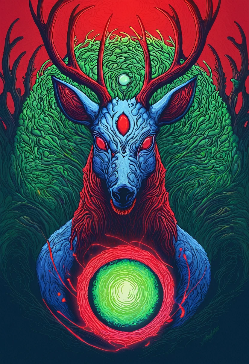 brho, deer face with two deer faces coming out of the sides, red eyes, third eye, blue deer, dead deer, sharp teeth, red inscriptions, small green plants, green ball of light, red spiral background