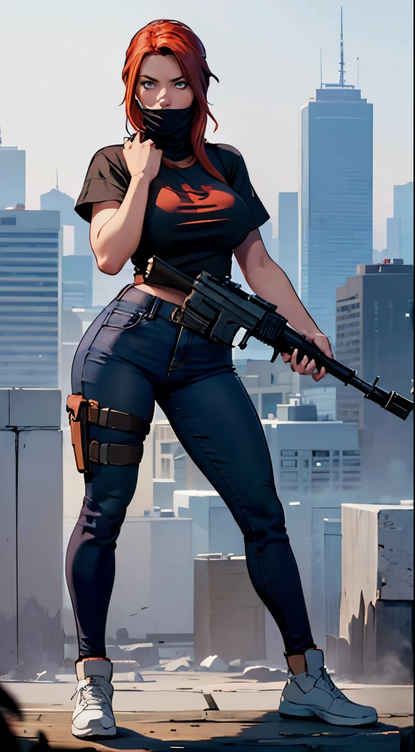 girl with red hair, black and white balaclava on face, in a white T-shirt, holding a gun against the backdrop of a night city