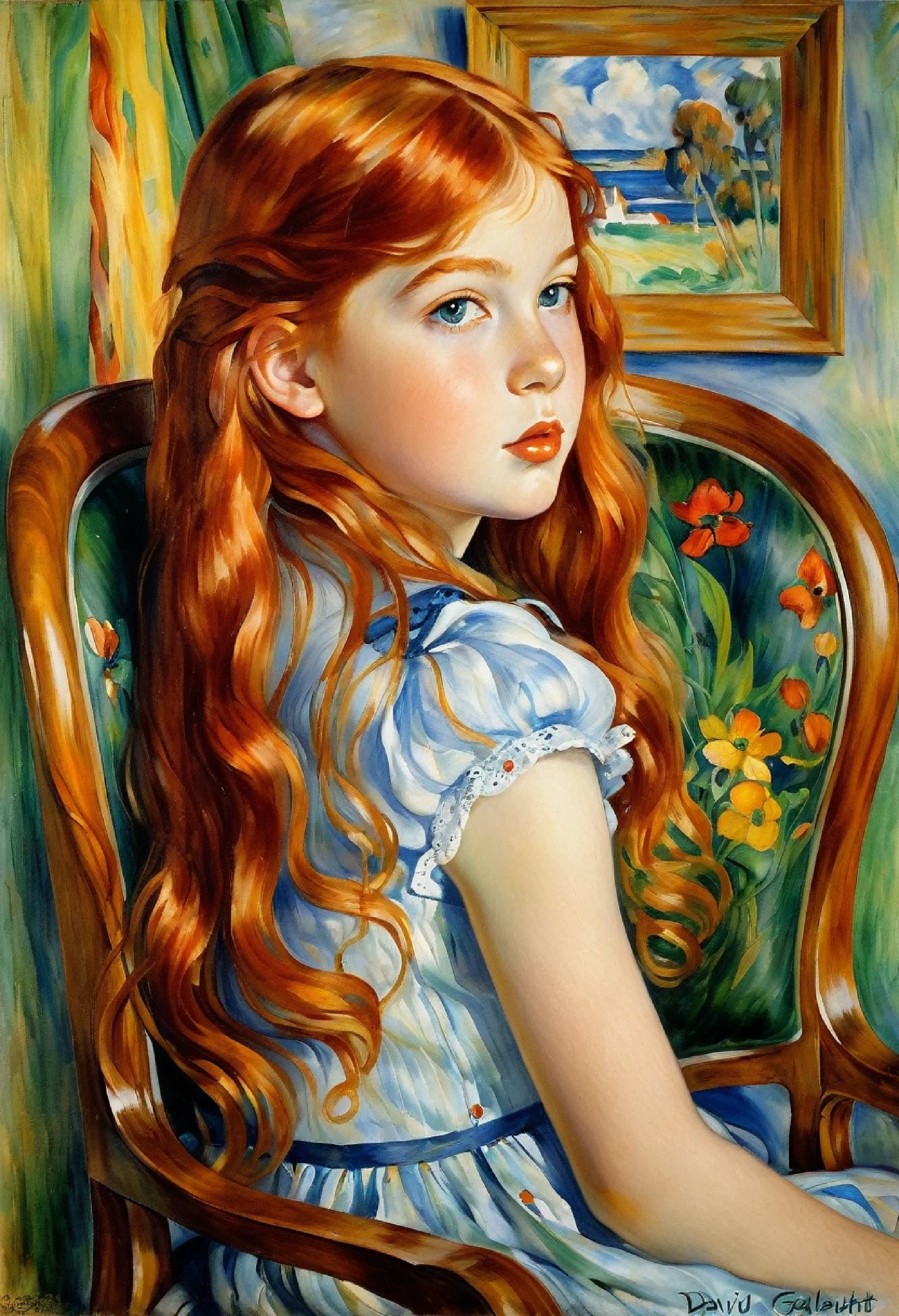 a painting of a young girl with long hair sitting in a chair, David Galchutt, David Galchutt, David Galchutt, Pierre - Auguste Renoir, in David Galchutt style painting, side portrait of a girl, portrait of a young girl, portrait of a red-haired girl, portrait young girl, young girl