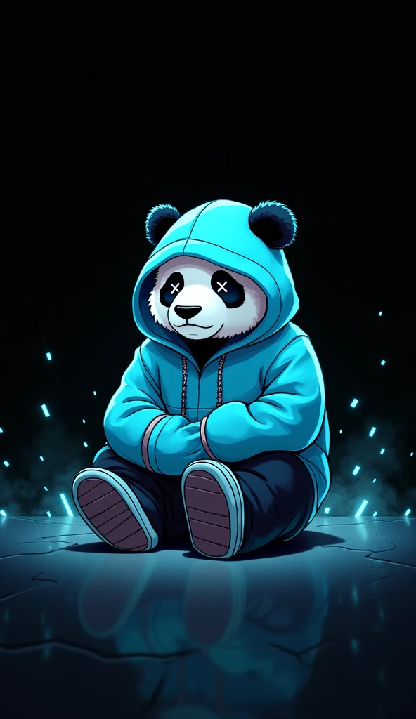 Completely black background, a panda bear in anime style, dressed in light blue and cyan hip hop clothing, Sitting on the floor with crossed legs, with cross-shaped eyes, cyan neon lights, abstract image