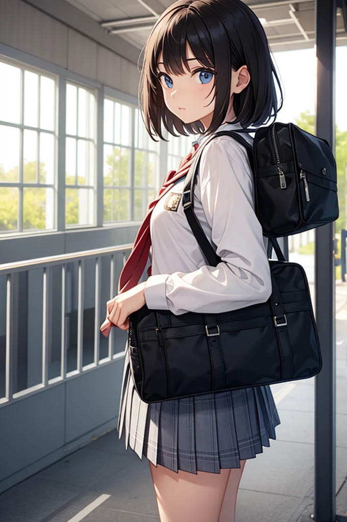 Yukimi, 10., Long Hair, Blunt bangs, Flat Chest, Expressionless, shy, whole body, Highest quality, (randoseru backpack:1.4), School classroom、pussy、Angle from below、(pussy:1.4)、(Masturbation:1.4)、(male'Head between thighs:1.4)、Striped pattern、Embarrassing、Small nipples