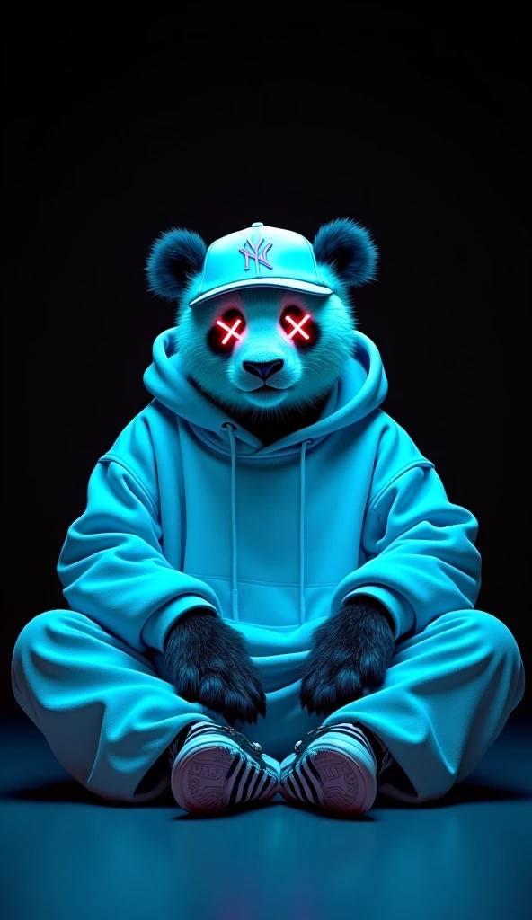 Completely black background, a panda bear in hyperrealistic style, dressed in light blue and cyan hip hop clothing, Sitting on the floor with crossed legs, with cross-shaped eyes, cyan neon lights, abstract image