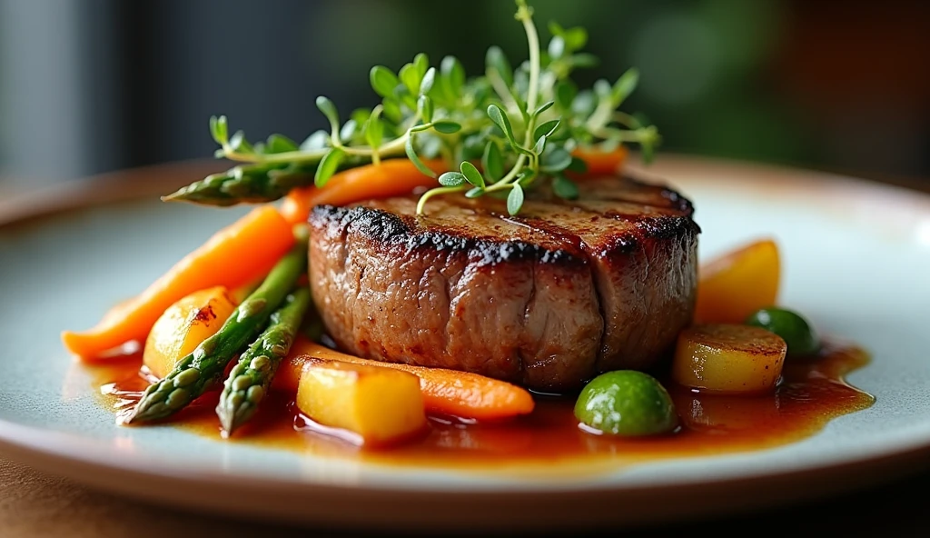 A beautifully composed scene showcasing a gourmet dish with vibrant colors and intricate details. At the center is a perfectly seared steak, its exterior golden and slightly charred, with juicy, tender slices revealed. Surrounding the steak are roasted vegetables—bright orange carrots, green asparagus, and golden-brown potatoes—arranged artfully on the plate. (Steak and vegetables: 1.7). A drizzle of rich, glossy sauce adds a finishing touch, while microgreens delicately garnish the dish. The background is simple and blurred, allowing the food to take full focus, bathed in soft, natural light. Ultra detailed, 8K quality, focus on the textures and colors of the food, no distorted elements or artificial lighting.