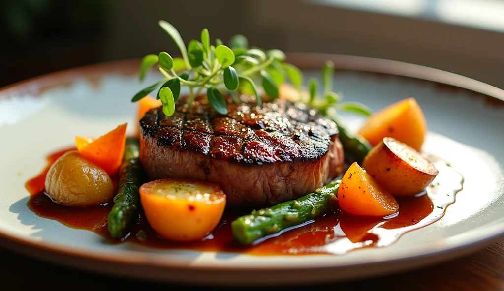 A beautifully composed scene showcasing a gourmet dish with vibrant colors and intricate details. At the center is a perfectly seared steak, its exterior golden and slightly charred, with juicy, tender slices revealed. Surrounding the steak are roasted vegetables—bright orange carrots, green asparagus, and golden-brown potatoes—arranged artfully on the plate. (Steak and vegetables: 1.7). A drizzle of rich, glossy sauce adds a finishing touch, while microgreens delicately garnish the dish. The background is simple and blurred, allowing the food to take full focus, bathed in soft, natural light. Ultra detailed, 8K quality, focus on the textures and colors of the food, no distorted elements or artificial lighting.