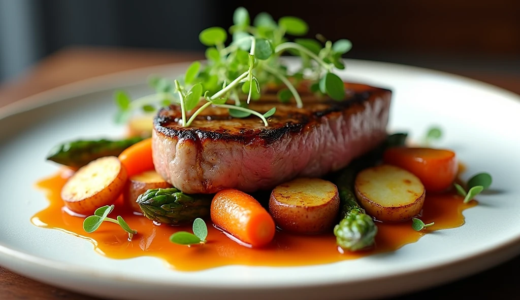 A beautifully composed scene showcasing a gourmet dish with vibrant colors and intricate details. At the center is a perfectly seared steak, its exterior golden and slightly charred, with juicy, tender slices revealed. Surrounding the steak are roasted vegetables—bright orange carrots, green asparagus, and golden-brown potatoes—arranged artfully on the plate. (Steak and vegetables: 1.7). A drizzle of rich, glossy sauce adds a finishing touch, while microgreens delicately garnish the dish. The background is simple and blurred, allowing the food to take full focus, bathed in soft, natural light. Ultra detailed, 8K quality, focus on the textures and colors of the food, no distorted elements or artificial lighting.