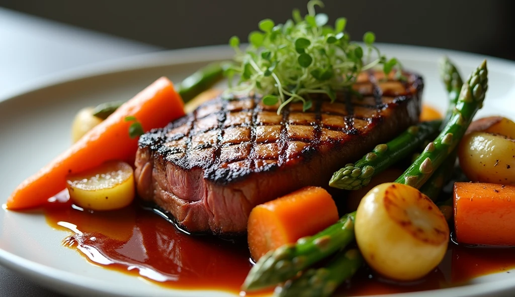 A beautifully composed scene showcasing a gourmet dish with vibrant colors and intricate details. At the center is a perfectly seared steak, its exterior golden and slightly charred, with juicy, tender slices revealed. Surrounding the steak are roasted vegetables—bright orange carrots, green asparagus, and golden-brown potatoes—arranged artfully on the plate. (Steak and vegetables: 1.7). A drizzle of rich, glossy sauce adds a finishing touch, while microgreens delicately garnish the dish. The background is simple and blurred, allowing the food to take full focus, bathed in soft, natural light. Ultra detailed, 8K quality, focus on the textures and colors of the food, no distorted elements or artificial lighting.