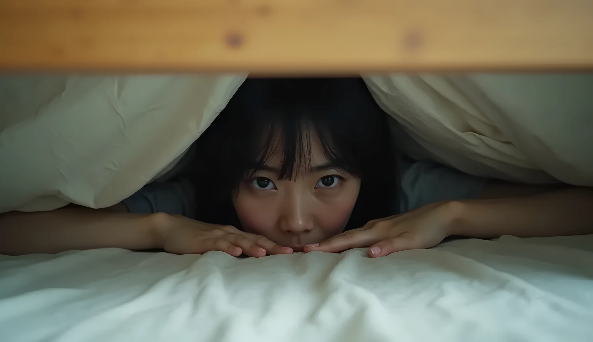 ((best qualityer)), ((work of art)), (detailded), ((1girl)), 18-years old, ((white skin)), black eyes,black wavy hair lying on her bed, with duvet covering up to her neck, with her hands out holding the ends close to her face, time to sleep, wearing cute pajamas ,smiling,cute sleepy face 