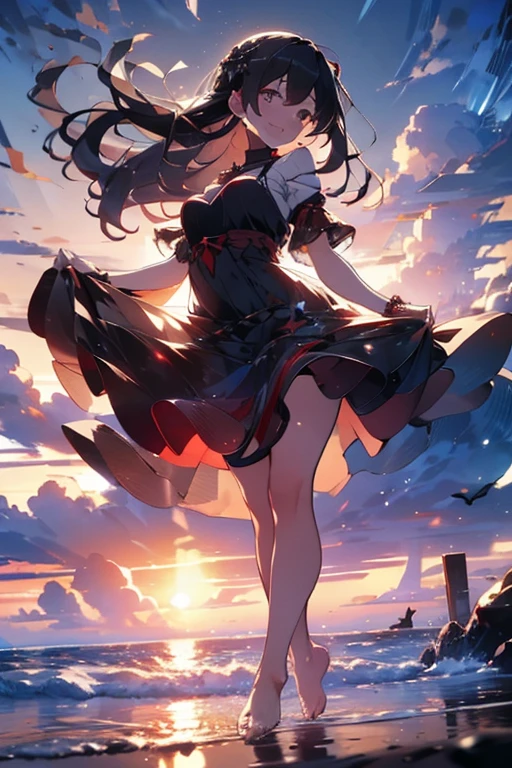 projected inset, (highest quality), (depth of field), (full body), glamorous, rich detail, 1girl, girly, cute, ((silver hair)), quadratic, long ponytail, light red eyes, red hair accessories, sleeveless, off-the-shoulder, navel-baring, lifted skirt, (white panties), sideways, evening, sunset, beautiful sky, lakeside, water reflection
