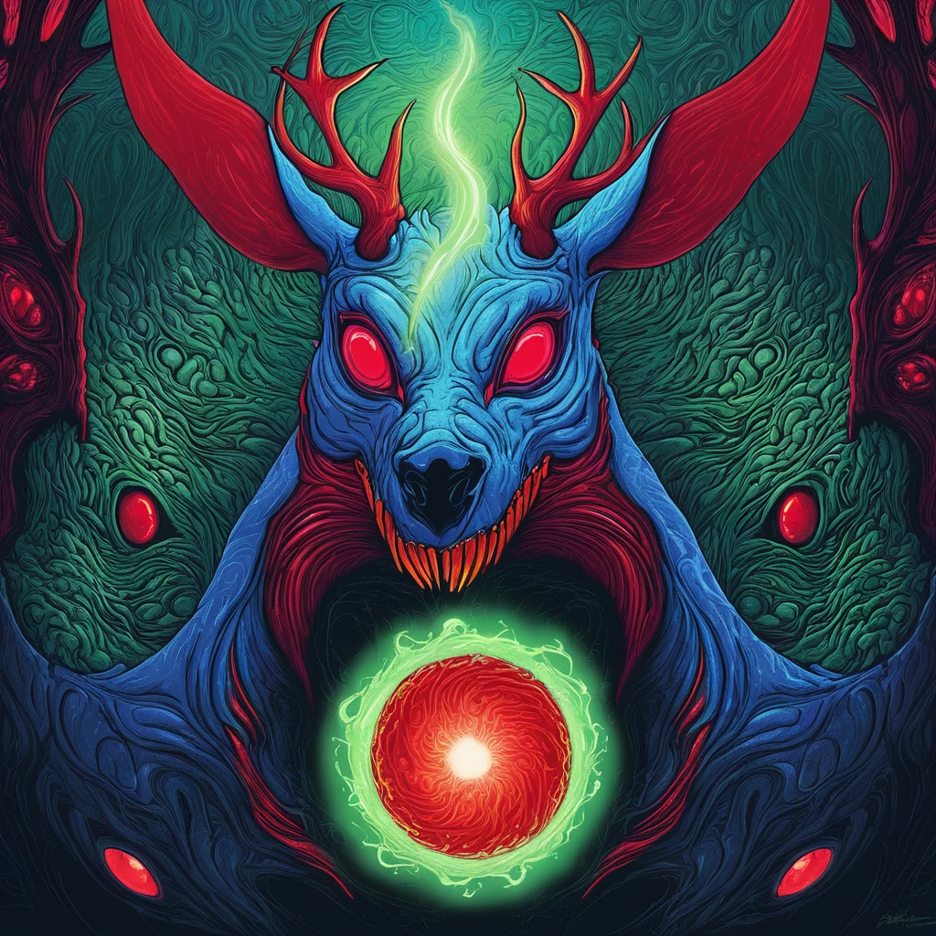 ((Masterpiece)),((ultra-detailed,8k quality)),(fantasy surrealism),detailed blue deer,two additional deer faces emerging from sides,glowing red eyes,third eye on forehead,sharp menacing teeth,red inscriptions pulsating with dark energy,small green plants beneath,glowing green ball of light,swirling red spiral background,surreal and macabre,tension between life and death