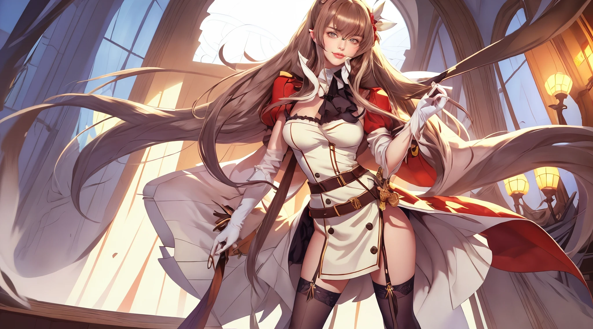 4K,High resolution,((masterpiece)), Highest quality, Very detailed,(One Girl),Yuki Asuna、Asuna (Stay), Brown eyes, Bare shoulders, , Long gloves, White gloves, (赤と白のdress), Long Hair, Beautiful background ,clothing, chest, Full body satin long gloves,,in the forest　Knee-high socks、Long white elbow gloves, dress、Sexy、Brown Skin Camel Toe:1.4、(Sweat)、(vapor)､(((Long gloves:1.3)))、、Knee-high socks、Open your thighs wide to the left and right､crouch on the ground、Show the audience your crotch