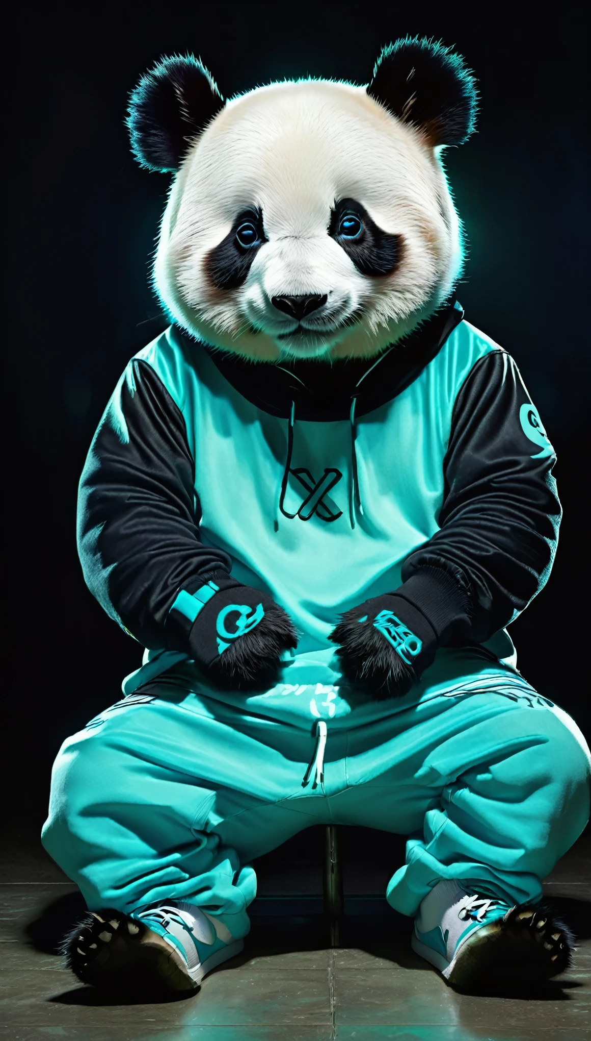 Completely black background, a panda bear in anime style, dressed in light blue and cyan hip hop clothing, Sitting on the floor with crossed legs, with cross-shaped eyes, cyan neon lights, abstract image, UHD, masterpiece, anatomically correct, textured skin, Super detail, high details, high quality, Award Winning, best quality, highres, 16K