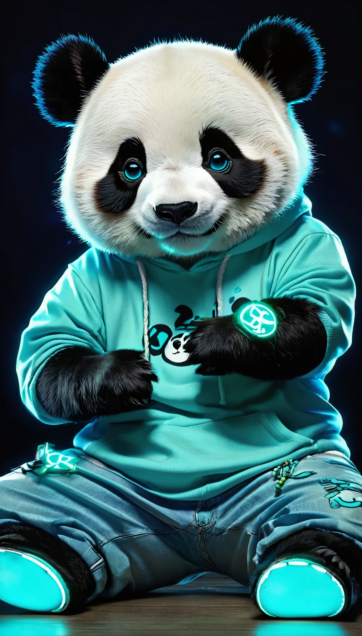 Completely black background, a panda bear in anime style, dressed in light blue and cyan hip hop clothing, Sitting on the floor with crossed legs, with cross-shaped eyes, cyan neon lights, abstract image, UHD, masterpiece, anatomically correct, textured skin, Super detail, high details, high quality, Award Winning, best quality, highres, 16K