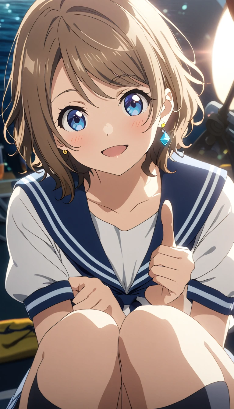 1 Girl, Girl、Diagonal orientation、Brown Hair、Short Hair、Blue Eyes、put one foot on the edge of a sailboat、Pirate with telescope、Pointing forward、Sailor suit at sea、anime、Illustration, Full HD, 8k, Absurd, masterpiece, Best Quality, Super detailed, beautiful, Exquisite, Delighted, Bright smile, Look away, Earrings, Knee socks,  cute, beautiful, In a bright and colorful world, anime, cell anime, 2d anime, strict, Soft Surface, Close-up, Half-body photo, Front View, Golden Ratio, stage lights perfect hand style, ,Watanabe You, blue eyes, Brown Hair, short hair, bangs,