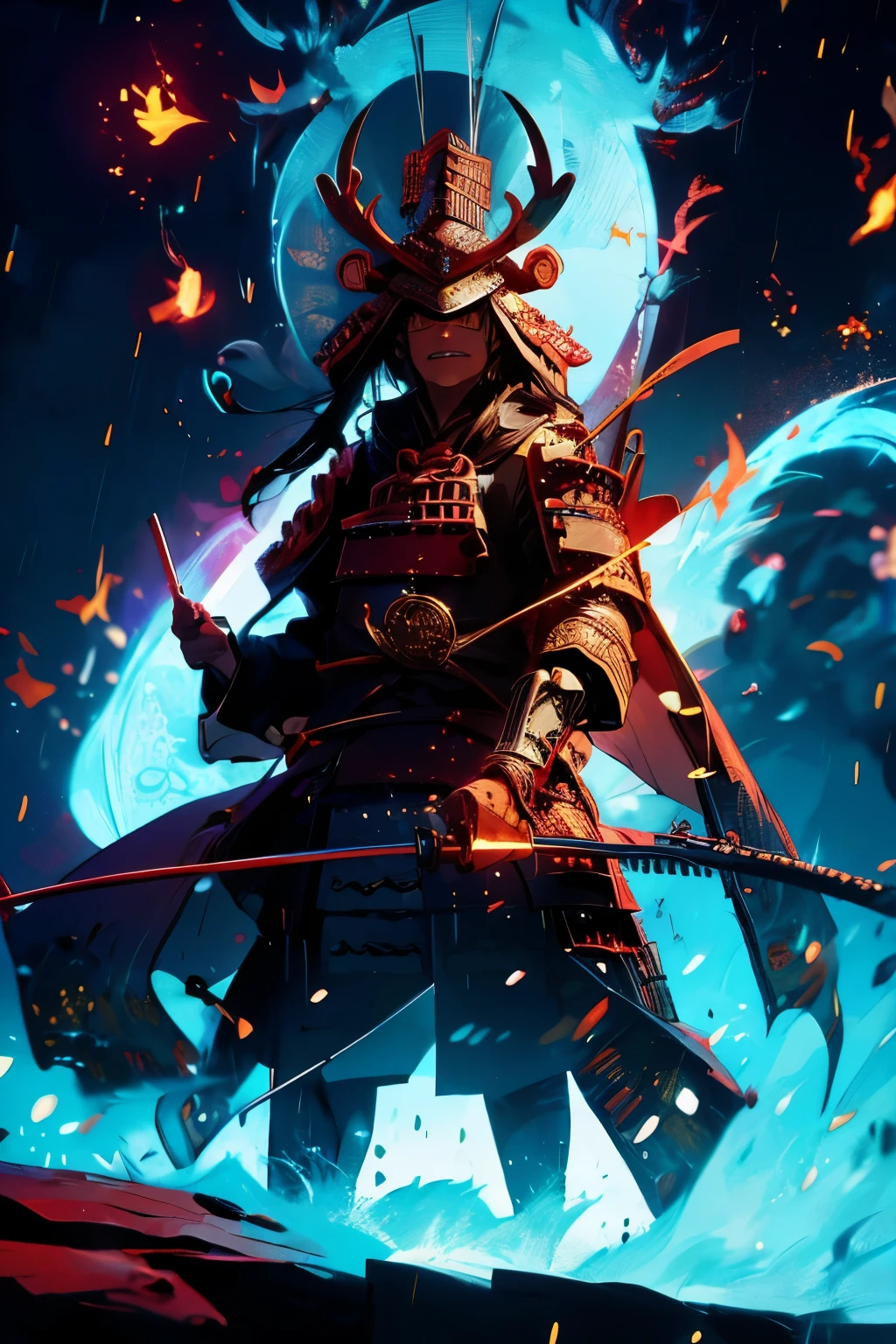 Kuni Witch Hunters: Samurai with magic power, specialists in dealing with the supernatural, they are tasked with combating the taint of the Shadowlands and hunting down malevolent spirits,  muscular, Magic Circle, samurai armor, crab