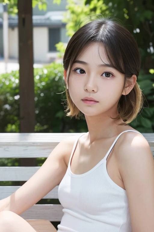 masterpiece,1 girl,(((flat chest))),((((cute)))),thin body,((loose tank top)),low neck,((((young girl)))),smallish body,visible stomach,visible underarms,
