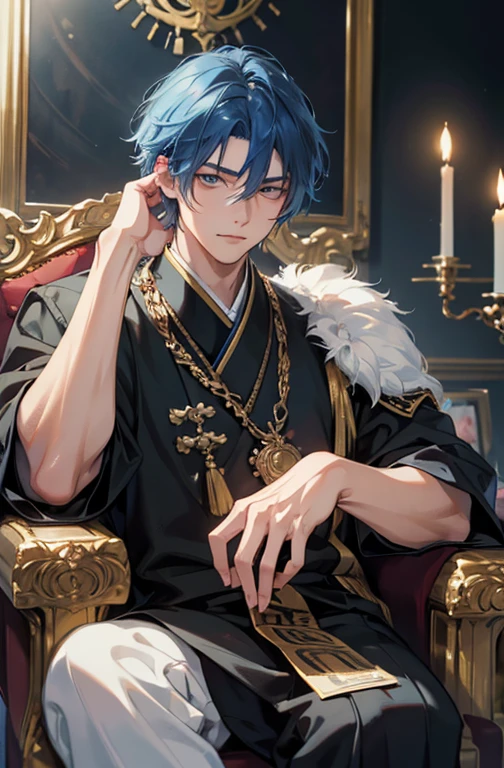 1 male, Around 20 years old, asian, king, blue hair, soft colors, illustration anime, on a throne, front facing, black lion, watercolor texture, best quality, 4k, 8k, highres, masterpiece:1.2, ultra-detailed, realistic, photorealistic, photo-realistic:1.37, studio lighting, ultra-fine painting, sharp focus, physically-based rendering, extreme detail description, professional, vivid colors, bokeh