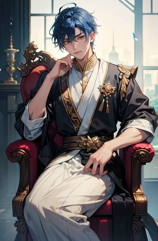 1 male, Around 20 years old, asian, king, blue hair, soft colors, illustration anime, on a throne, front facing, black lion, watercolor texture, best quality, 4k, 8k, highres, masterpiece:1.2, ultra-detailed, realistic, photorealistic, photo-realistic:1.37, studio lighting, ultra-fine painting, sharp focus, physically-based rendering, extreme detail description, professional, vivid colors, bokeh