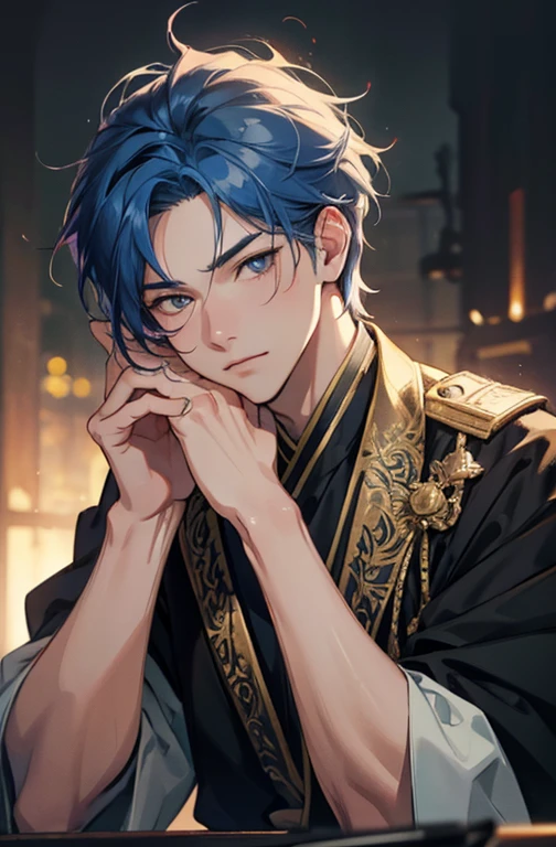 1 male, Around 20 years old, asian, king, blue hair, soft colors, illustration anime, on a throne, front facing, black lion, watercolor texture, best quality, 4k, 8k, highres, masterpiece:1.2, ultra-detailed, realistic, photorealistic, photo-realistic:1.37, studio lighting, ultra-fine painting, sharp focus, physically-based rendering, extreme detail description, professional, vivid colors, bokeh