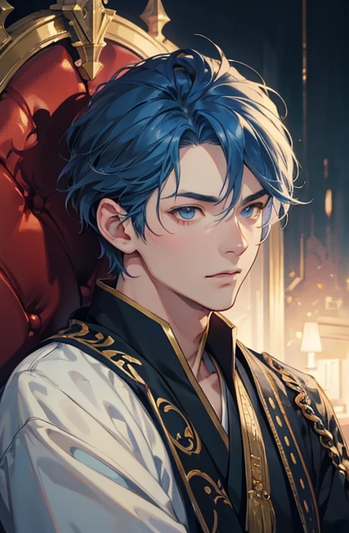 1 male, Around 2, asian, king, blue hair, soft colors, illustration anime, on a throne, front facing, black lion, watercolor texture, best quality, 4k, 8k, highres, masterpiece:1.2, ultra-detailed, realistic, photorealistic, photo-realistic:1.37, studio lighting, ultra-fine painting, sharp focus, physically-based rendering, extreme detail description, professional, vivid colors, bokeh