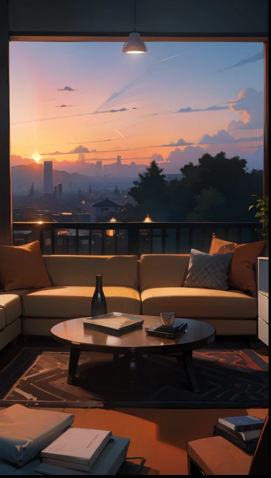 Create a scenario, a beautiful living room in the orange sunset