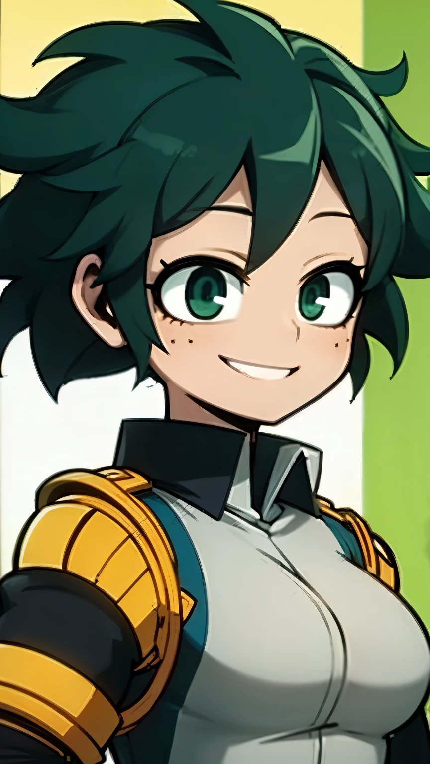 deku female version, smiling , green hair, , mha, My Hero Academia Anime Traits, uniforme my hero academy