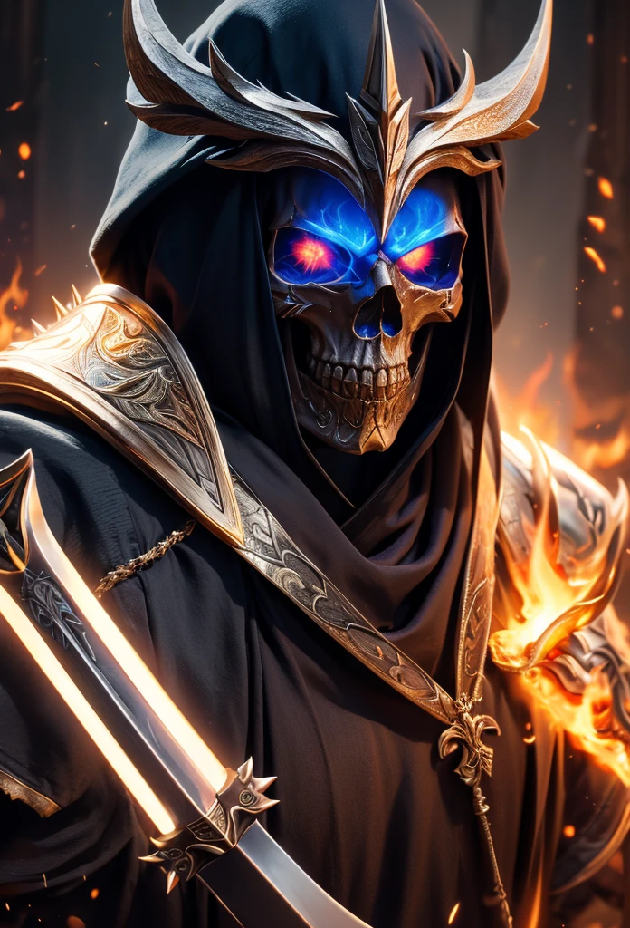 A villain man, intricate details, strong body, skull head, red eyes, wearing hood, colors, realistic, burning background, FHD --auto --s2