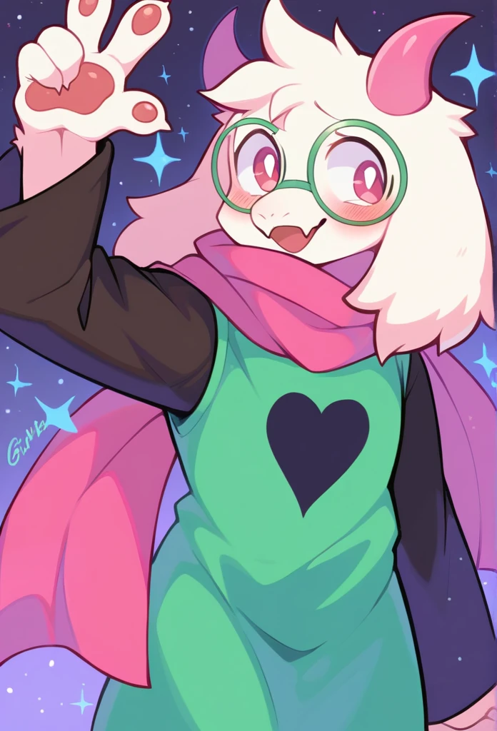  (score_9, score_8_up),furry, white fur, face, Ralsei(deltarune), goat, dark fur, pink horns, black sleeves, cute, green glasses, no hat, green shirt, standing, risht arma op with his hands holding a white star sign,pink scarf,open eyes, happy, smug face, {{Artist: %zankuro%}},  1furry, solo, blushing, male, 