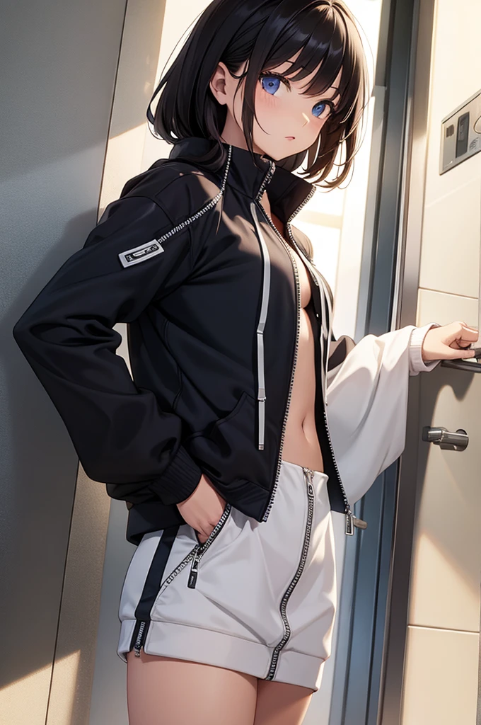 (((1boy))), femboy, White hair, blue eyed ass, Big thighs, Slim waist, smug, cute little, Living room settings, Short shorts, Sweaters, Blushing, full-body view, Super masterpiece, hard disk, comfortable atmosphere, (((flat chest)))