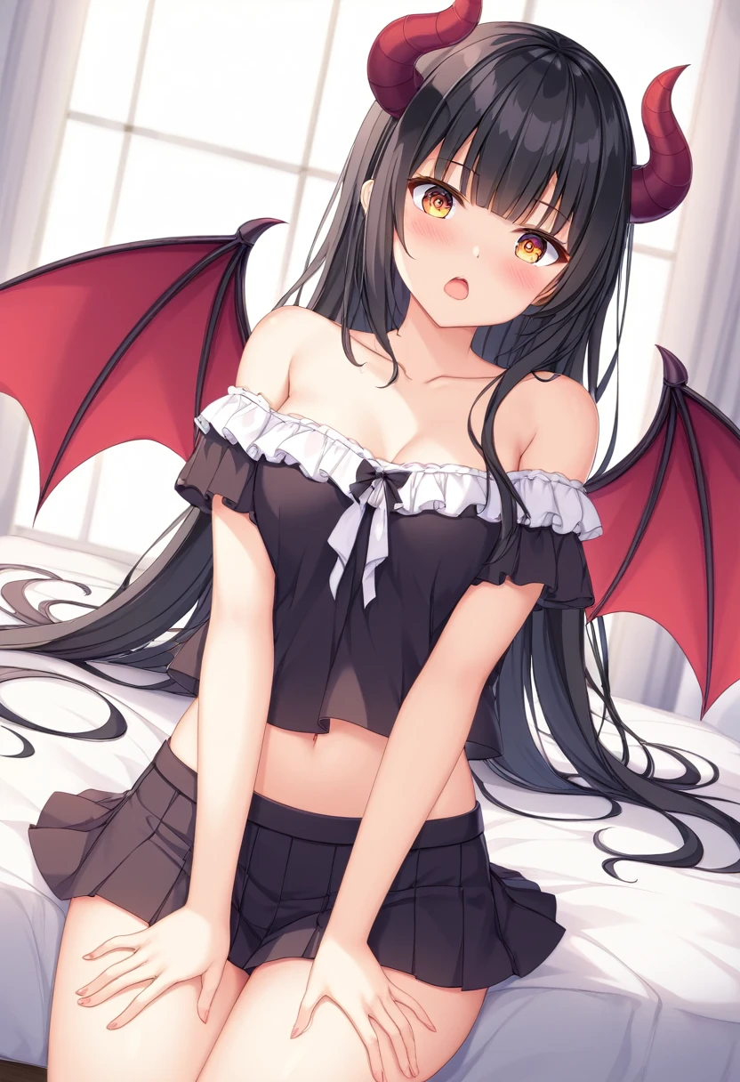 masterpiece, best quality, detail background, perfect anatomy, Marnie possessed by perverted man, con, in lustful hotel background, lingerie, evil grin, glowing red eyes, looking at viewer, lingerie, nsfw, sitting on bed, small breast, slender body